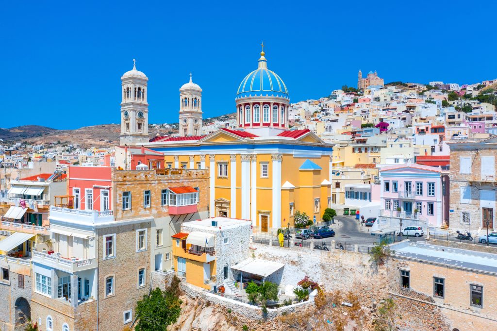 Panoramic view of Ermoupoli and Ano Syra towns in Syros island, Cyclades islands, Greece, Europe.